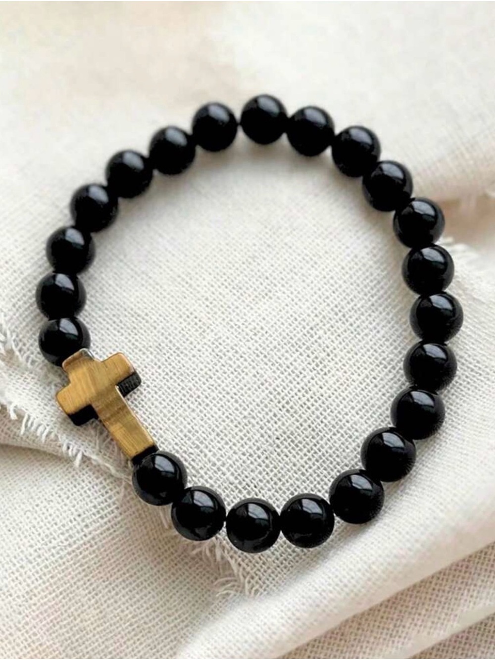 Men's Black Bead Bracelet with Gold Cross tiger eye stone waterproof